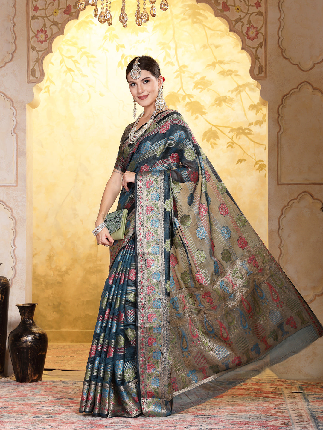 Sea-Green-Organza-Ethnic-Motifs-Zari-Border-Saree