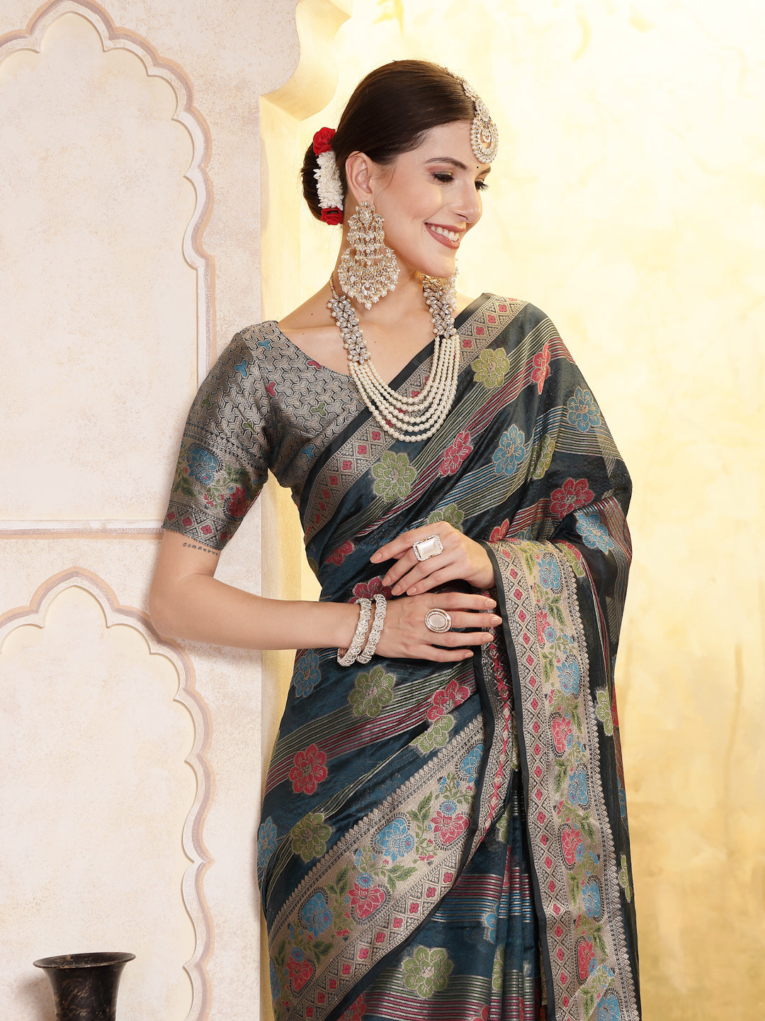 Sea-Green-Organza-Ethnic-Motifs-Zari-Border-Saree