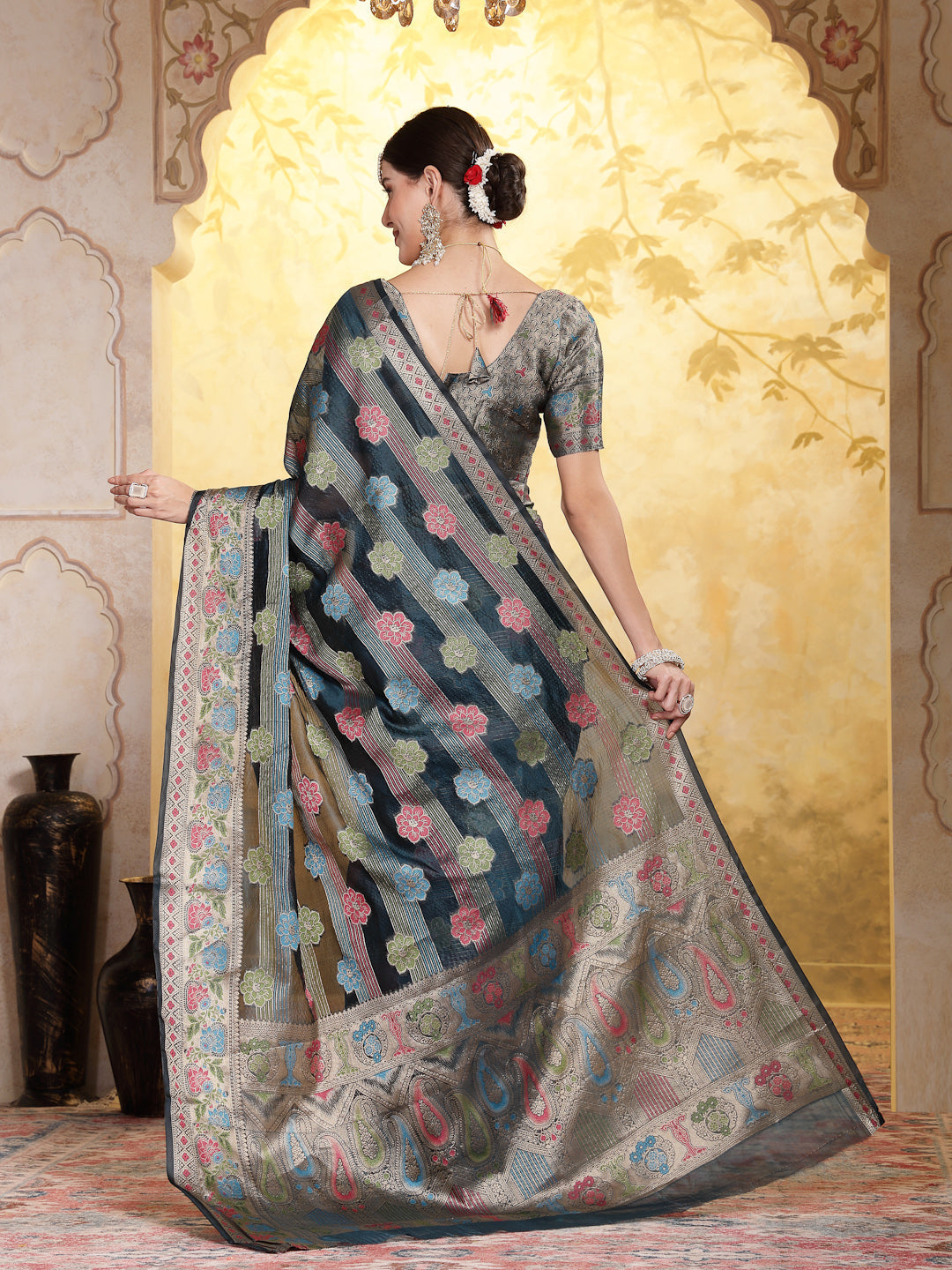 Sea-Green-Organza-Ethnic-Motifs-Zari-Border-Saree