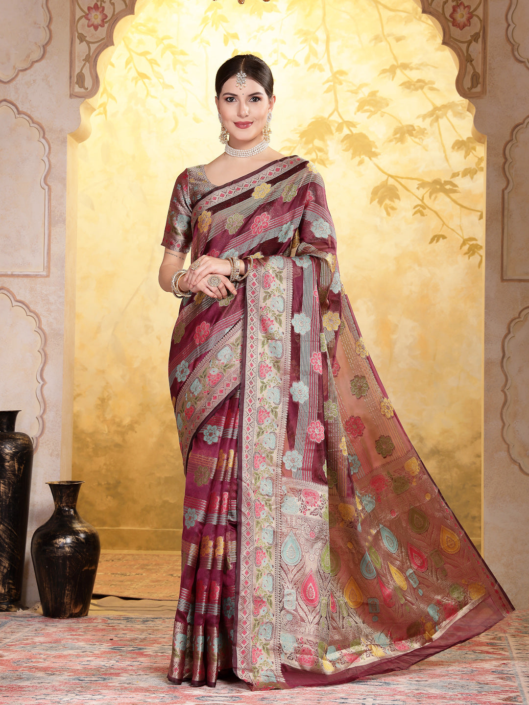 Wine-Organza-Ethnic-Motifs-Zari-Border-Saree