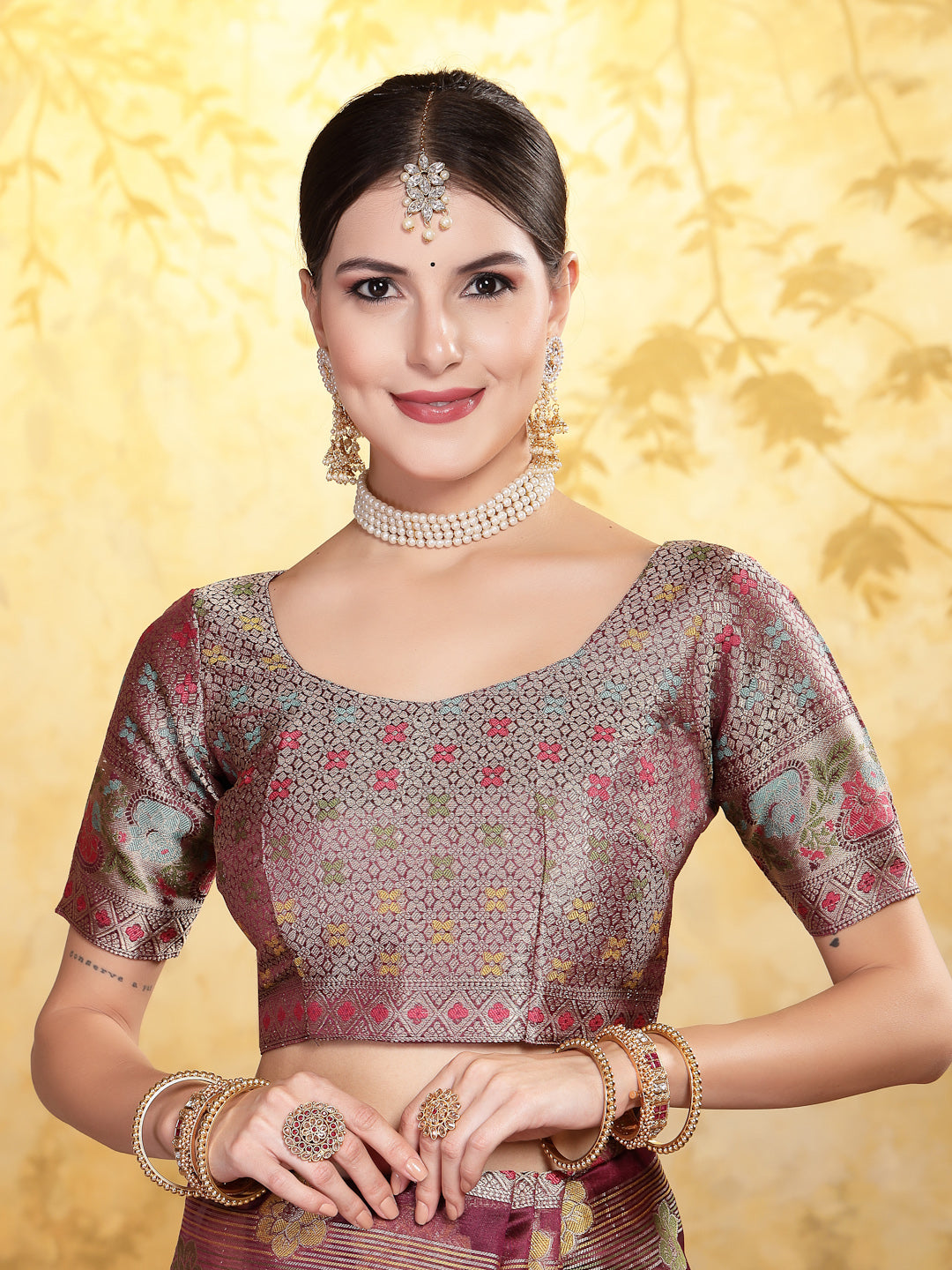 Wine-Organza-Ethnic-Motifs-Zari-Border-Saree