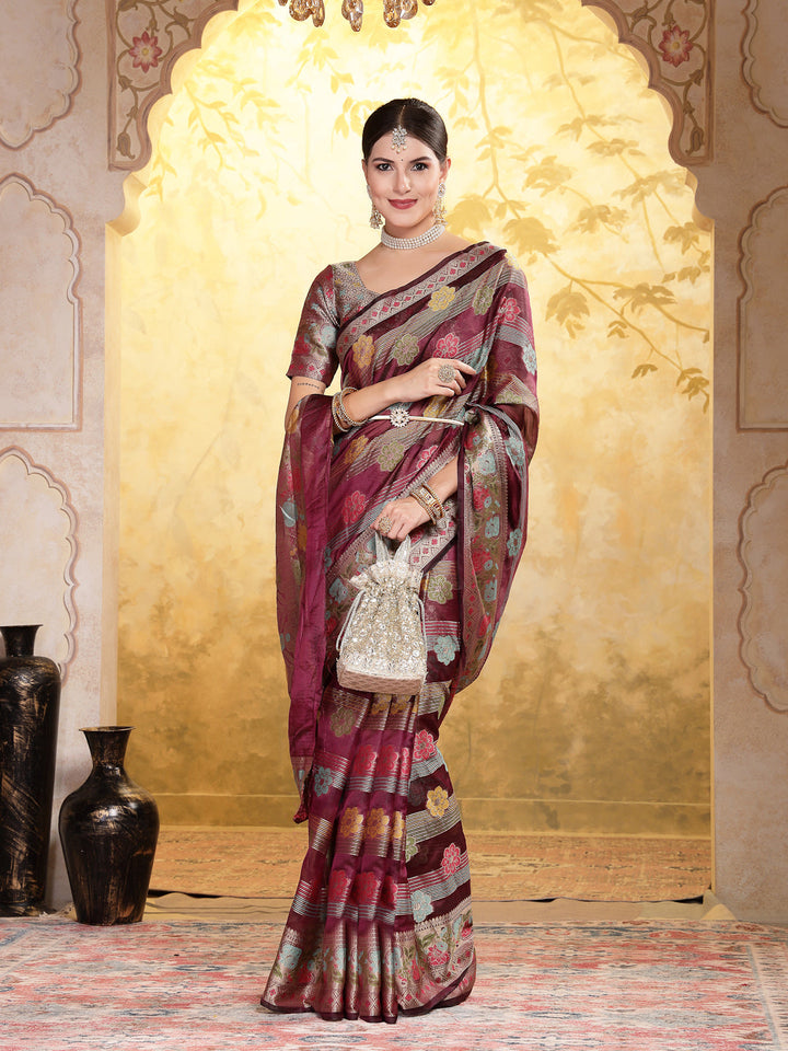 Wine-Organza-Ethnic-Motifs-Zari-Border-Saree