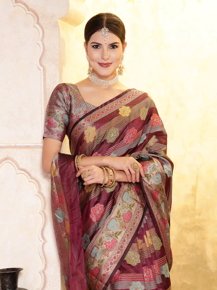 Wine-Organza-Ethnic-Motifs-Zari-Border-Saree