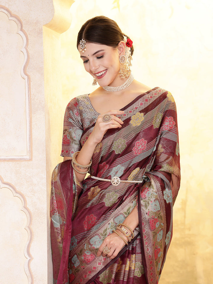 Wine-Organza-Ethnic-Motifs-Zari-Border-Saree