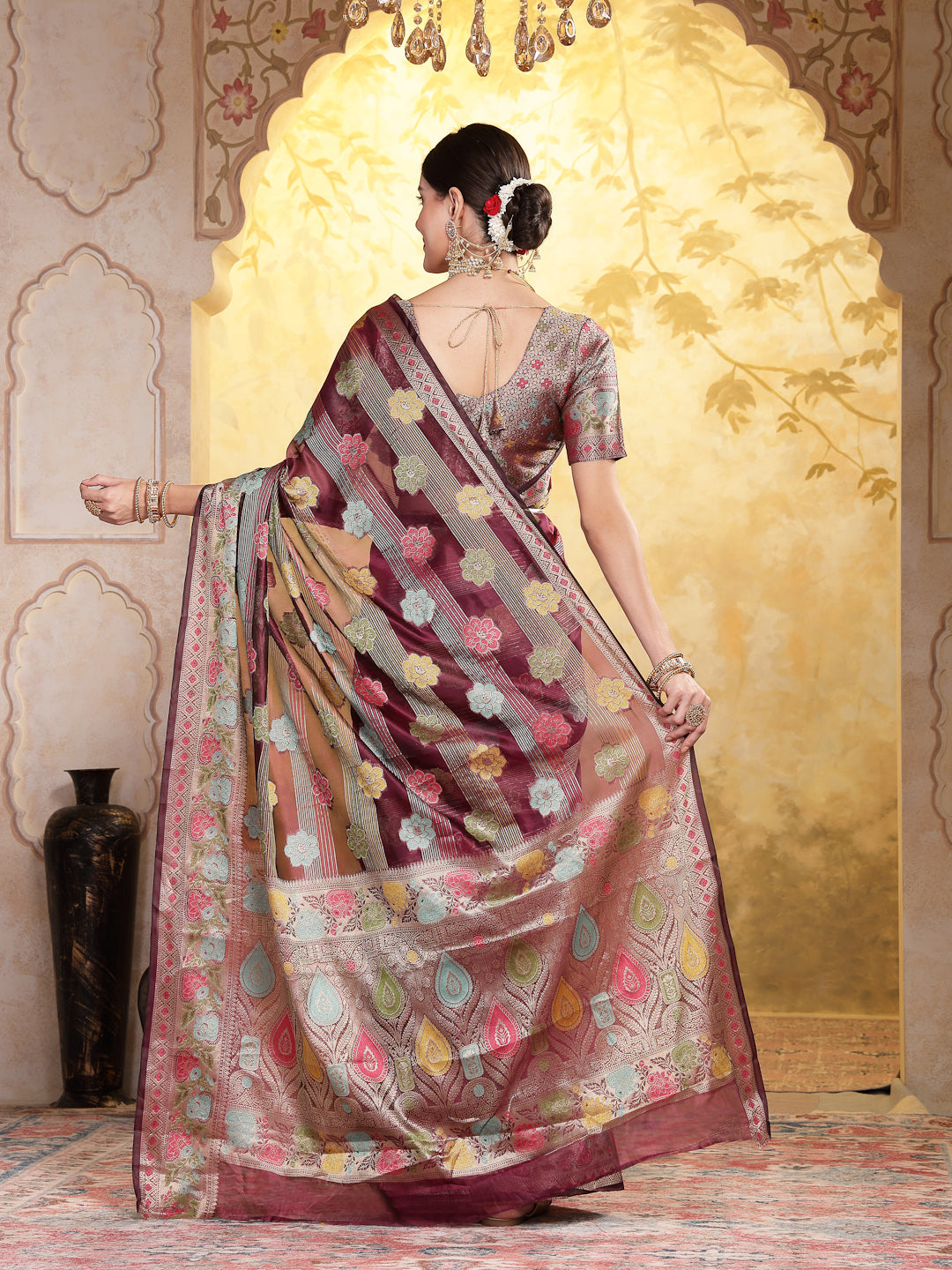 Wine-Organza-Ethnic-Motifs-Zari-Border-Saree