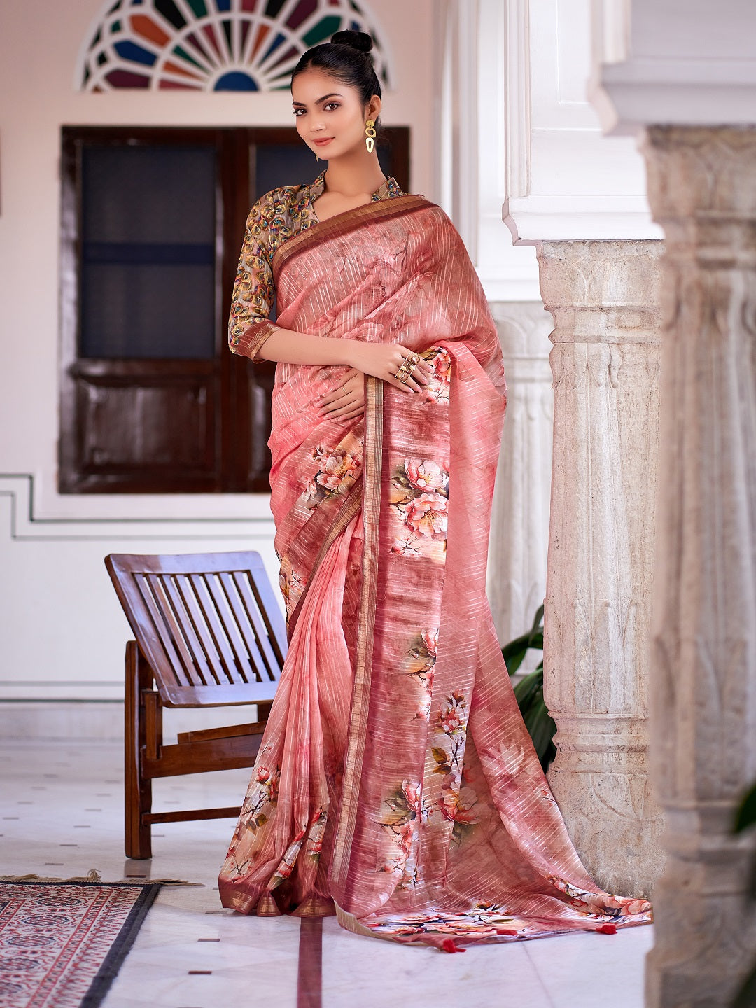 Peach-Linen-Digital-Print-Zari-Border-Saree