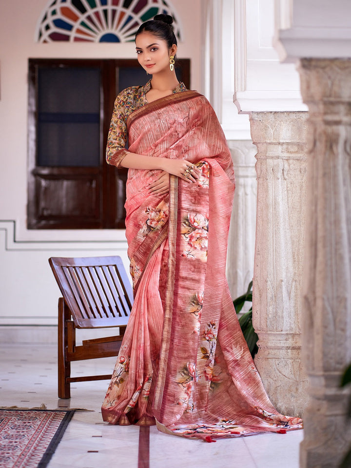 Peach-Linen-Digital-Print-Zari-Border-Saree