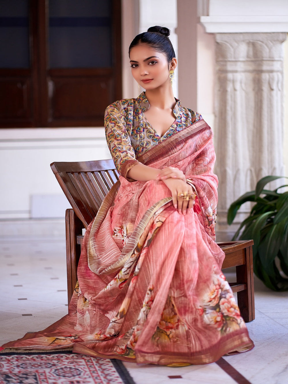 Peach-Linen-Digital-Print-Zari-Border-Saree