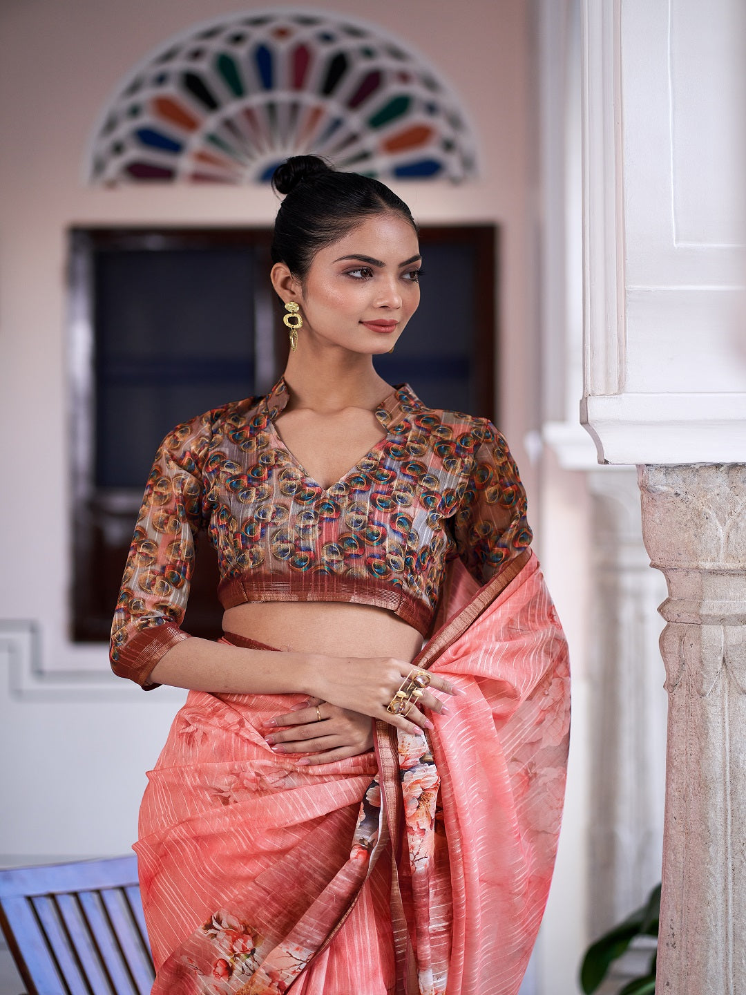 Peach-Linen-Digital-Print-Zari-Border-Saree