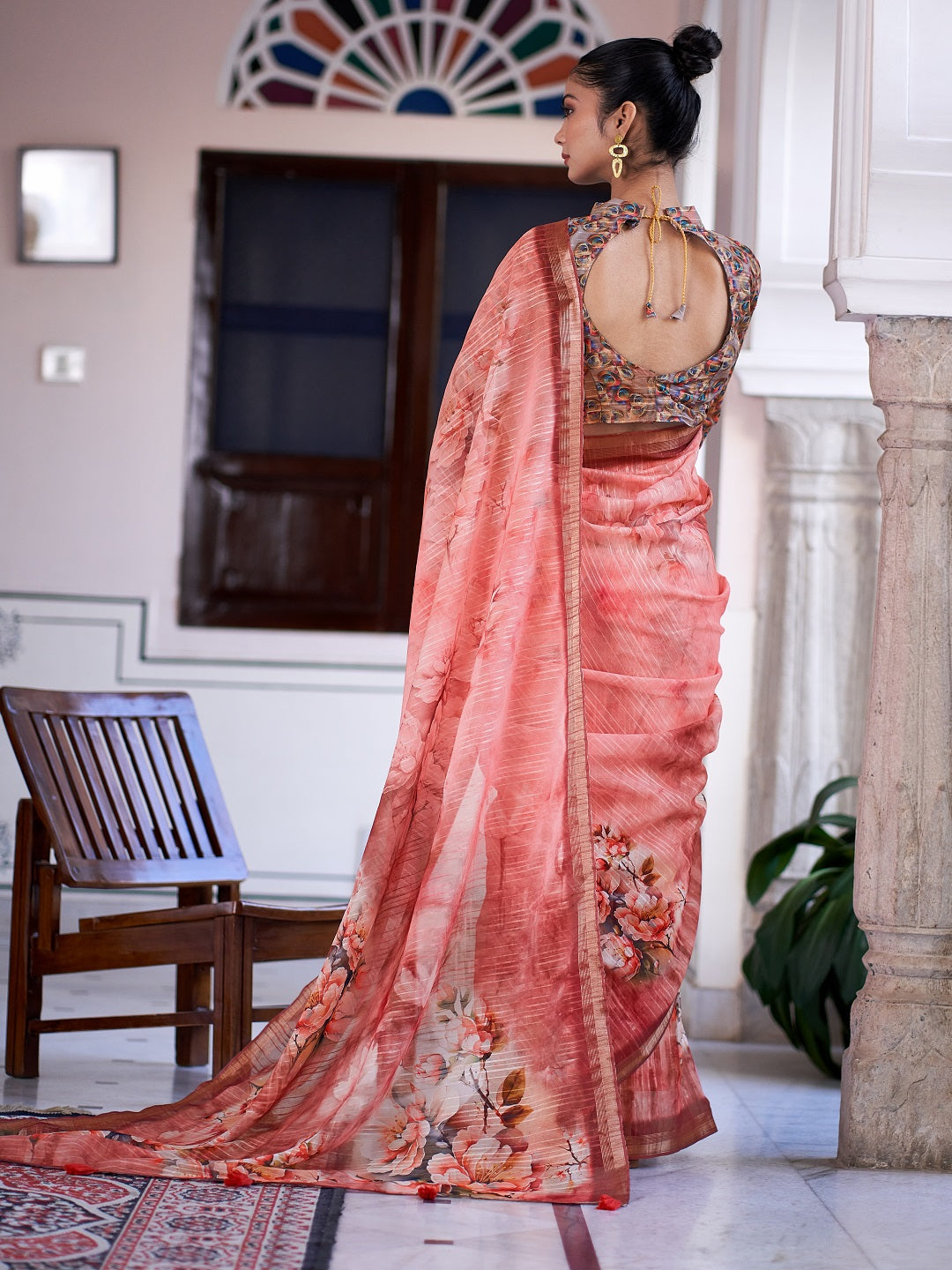 Peach-Linen-Digital-Print-Zari-Border-Saree