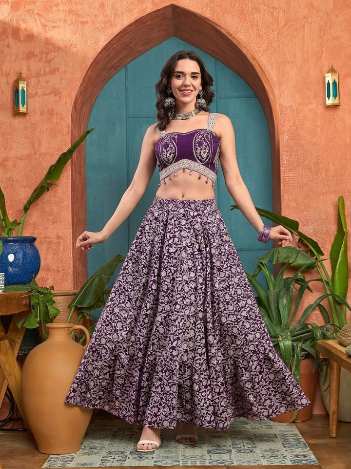 Purple Ethnic Printed Cotton Ethnic Top With Skirt