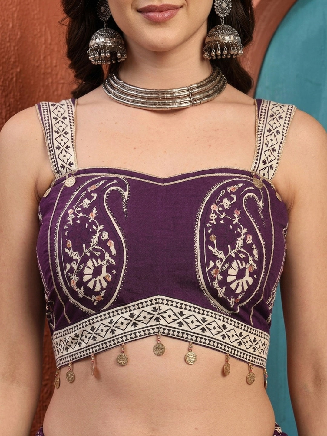 Purple Ethnic Printed Cotton Ethnic Top With Skirt
