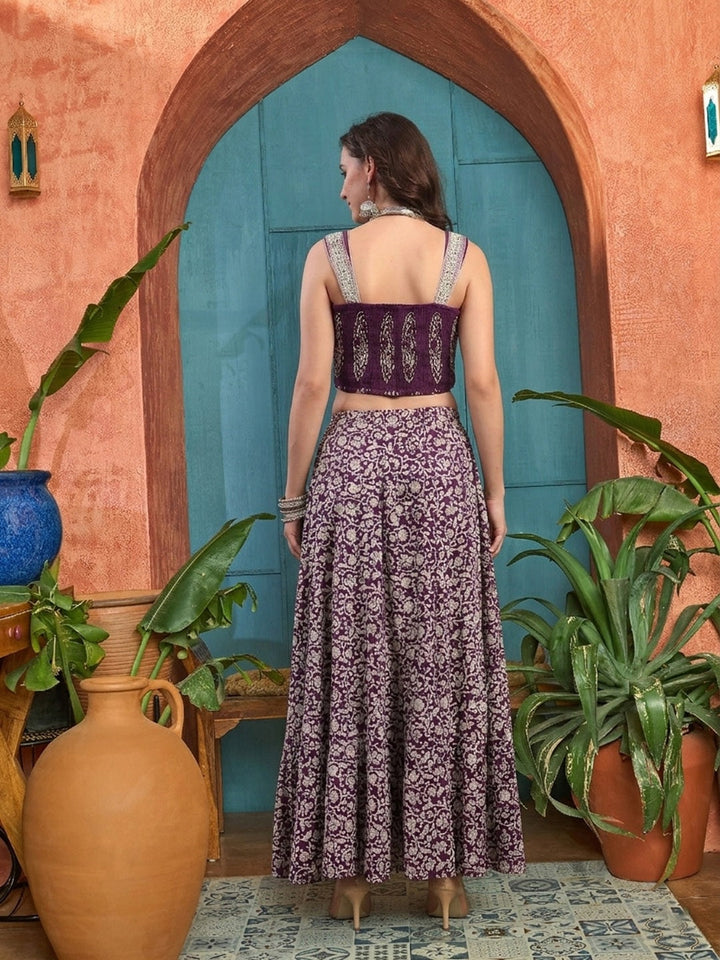 Purple Ethnic Printed Cotton Ethnic Top With Skirt