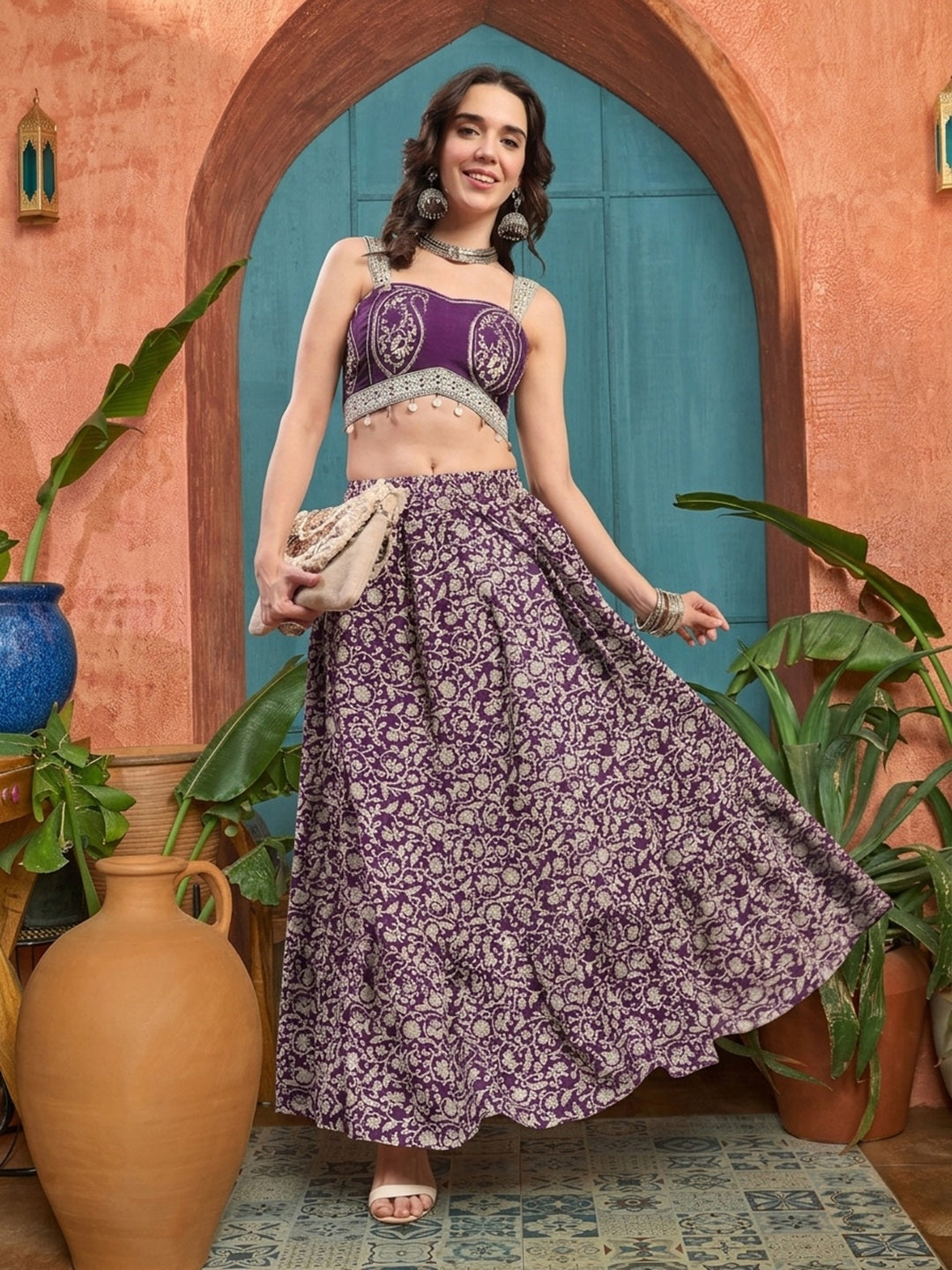 Purple Ethnic Printed Cotton Ethnic Top With Skirt