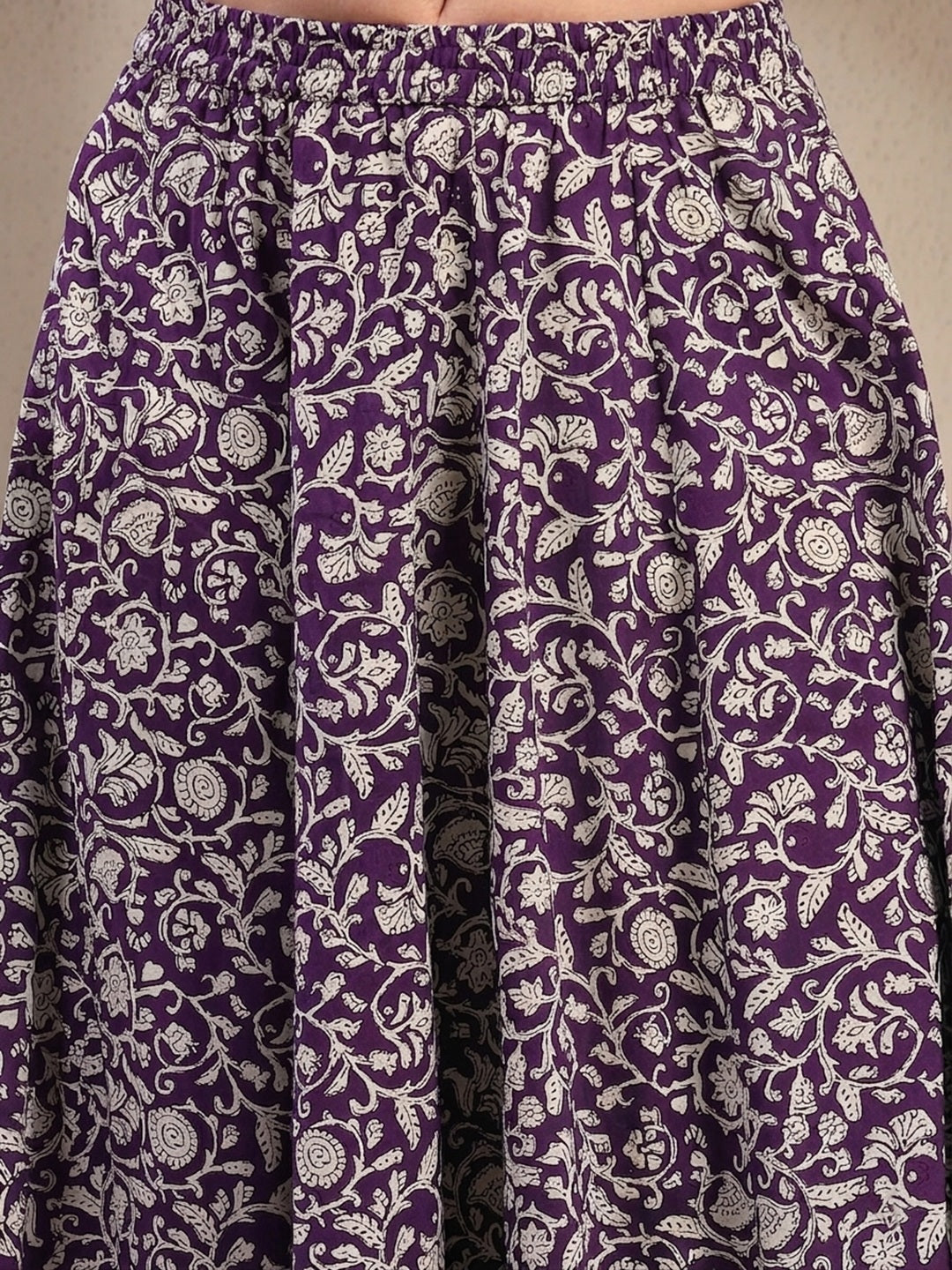 Purple Ethnic Printed Cotton Ethnic Top With Skirt