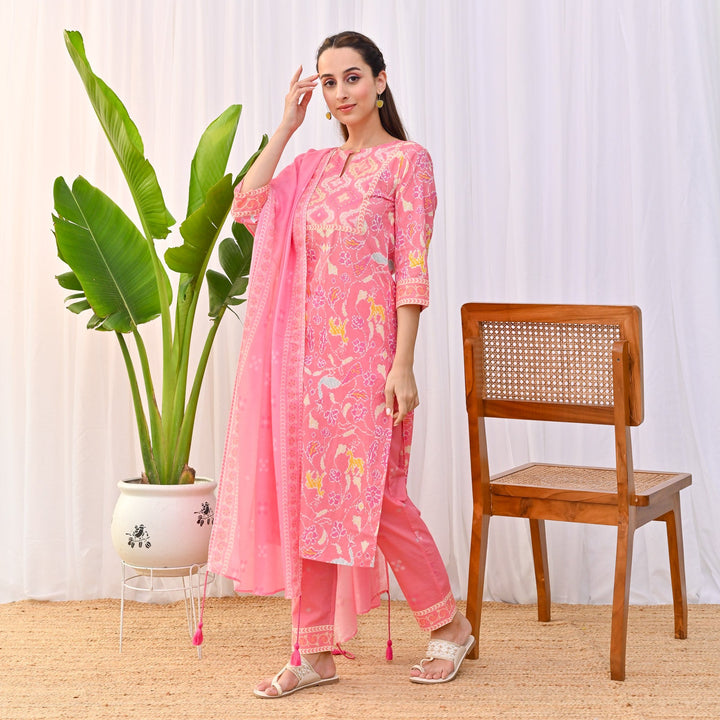 Pink Cotton Ikat Inspired Salwar Kurta Set with Dupatta