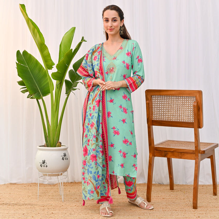 Mint Green Cotton Printed Neck Embroidery Salwar Kurta Set