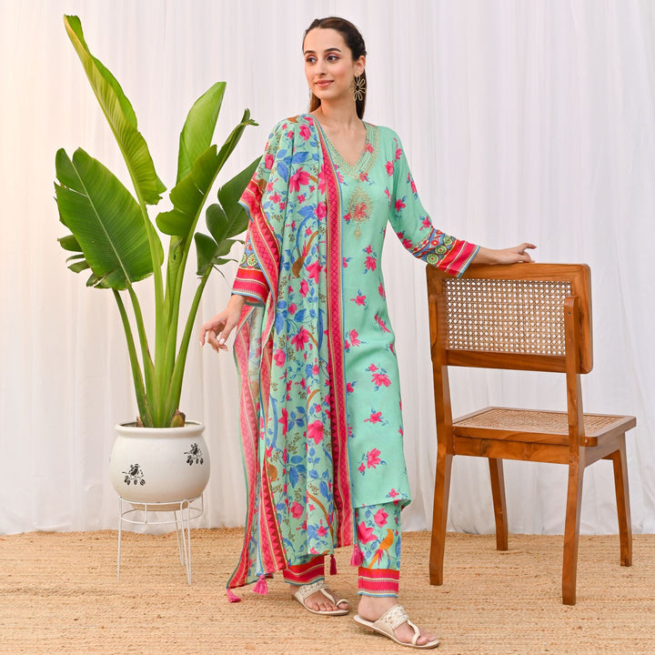 Mint Green Cotton Printed Neck Embroidery Salwar Kurta Set