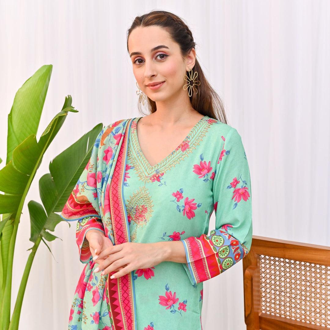 Mint Green Cotton Printed Neck Embroidery Salwar Kurta Set