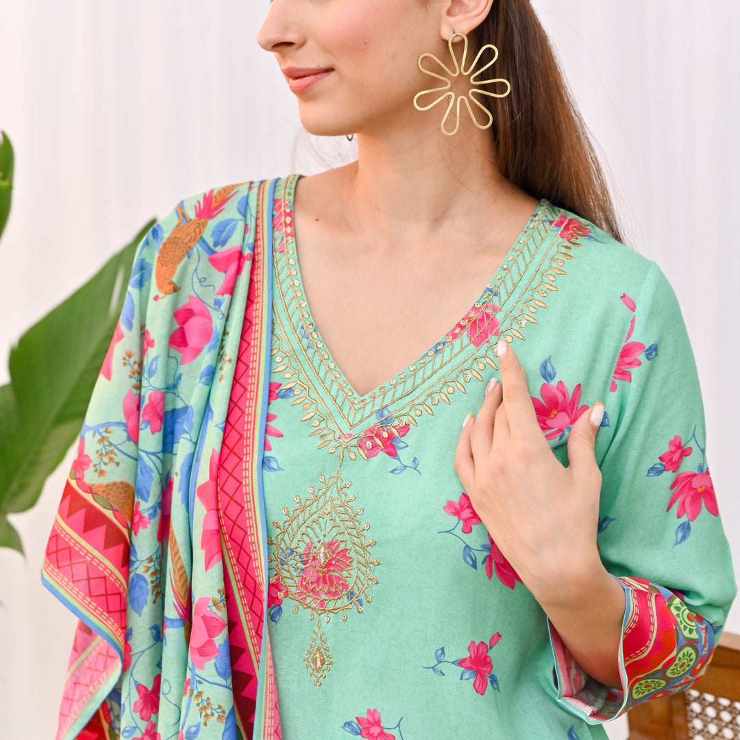 Mint Green Cotton Printed Neck Embroidery Salwar Kurta Set