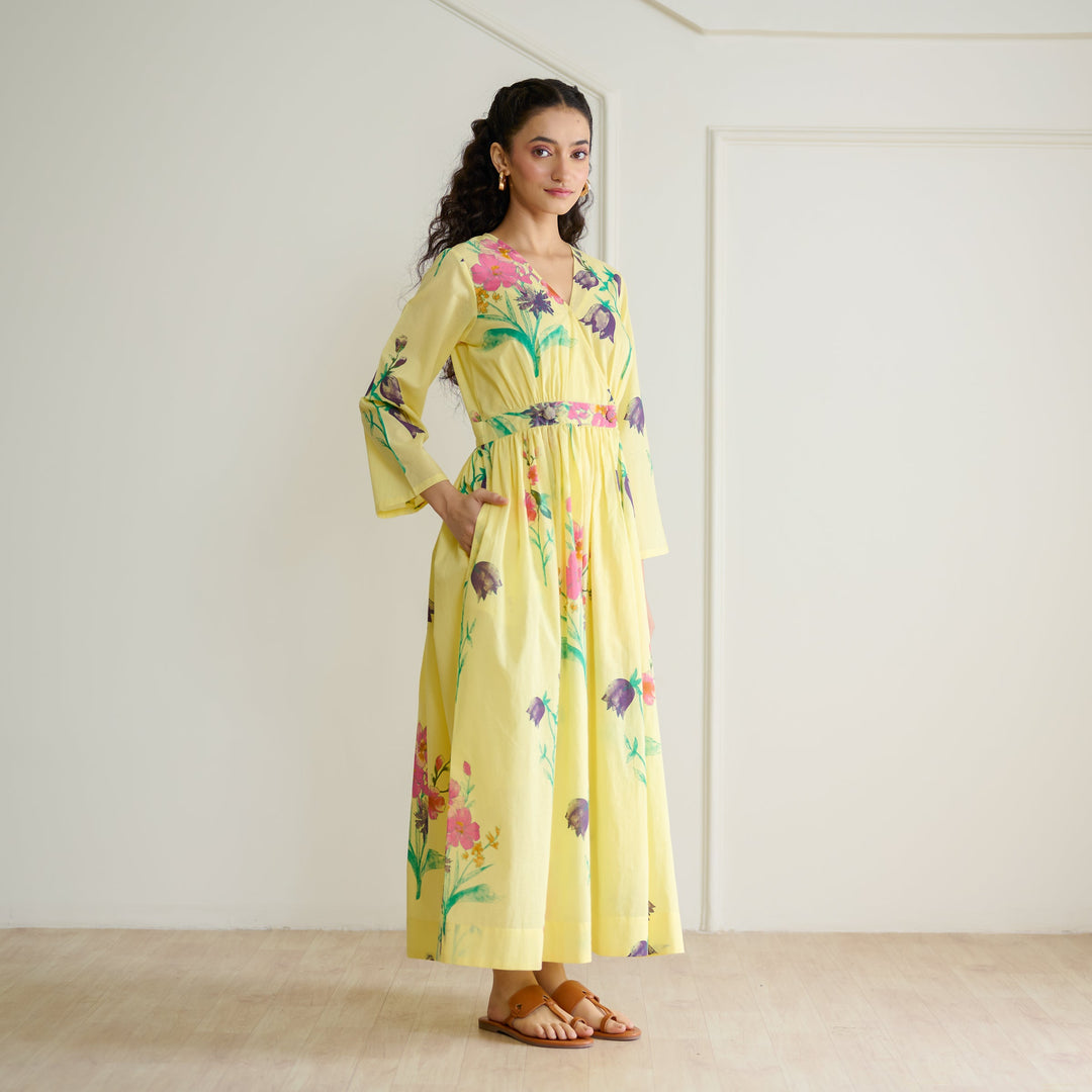 Banana-Yellow-Cotton-Maxi-Dresse-With-Mulmul-Slip
