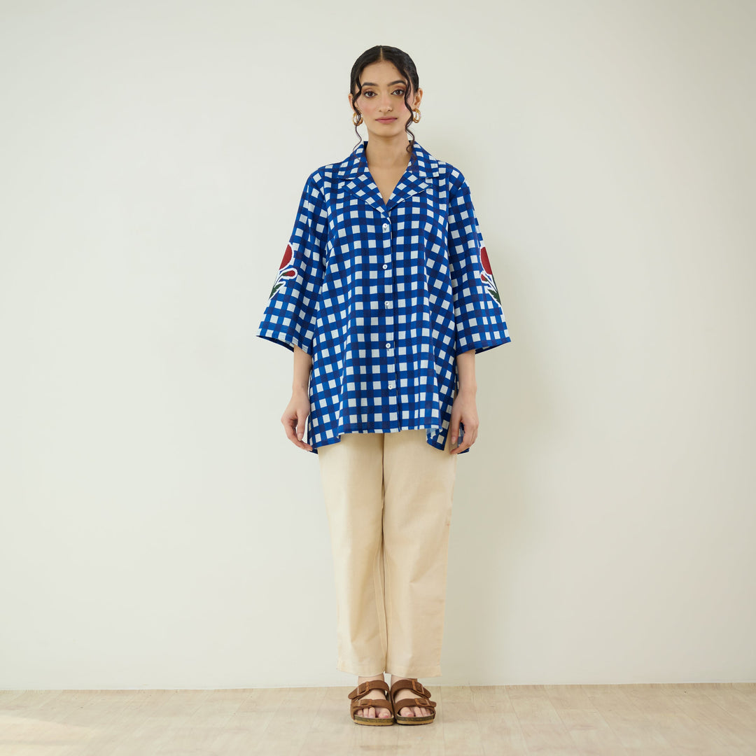 Classic-Indigo-Cotton-Checkered-Patchwork-Shirt