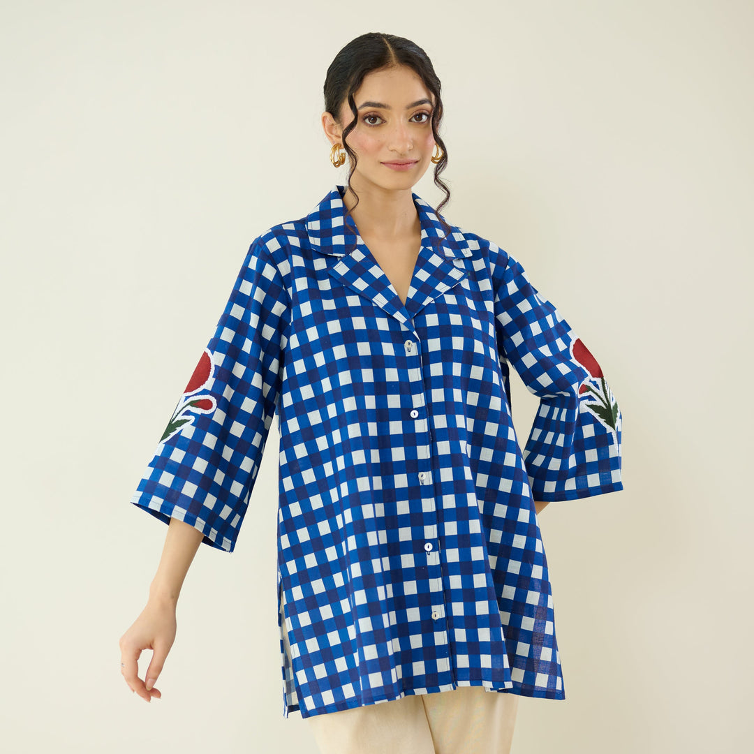 Classic-Indigo-Cotton-Checkered-Patchwork-Shirt