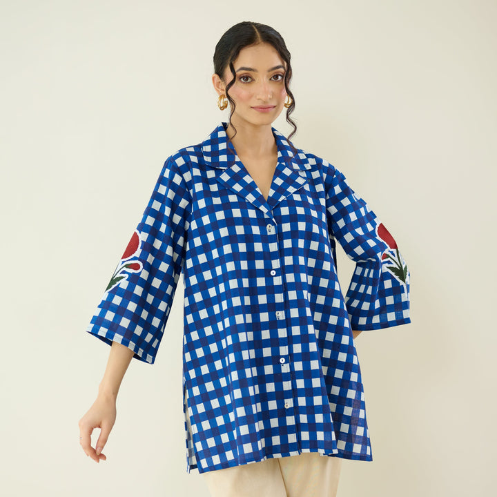 Classic-Indigo-Cotton-Checkered-Patchwork-Shirt