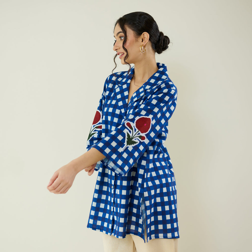 Classic-Indigo-Cotton-Checkered-Patchwork-Shirt