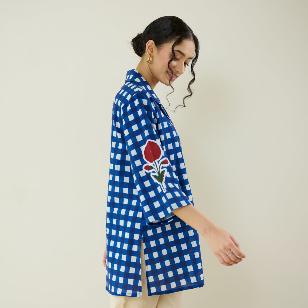 Classic-Indigo-Cotton-Checkered-Patchwork-Shirt
