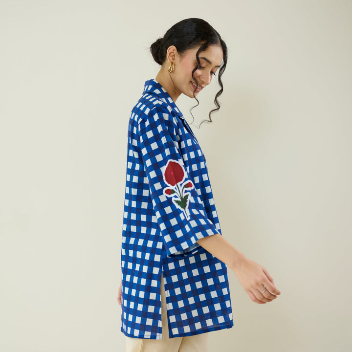 Classic-Indigo-Cotton-Checkered-Patchwork-Shirt