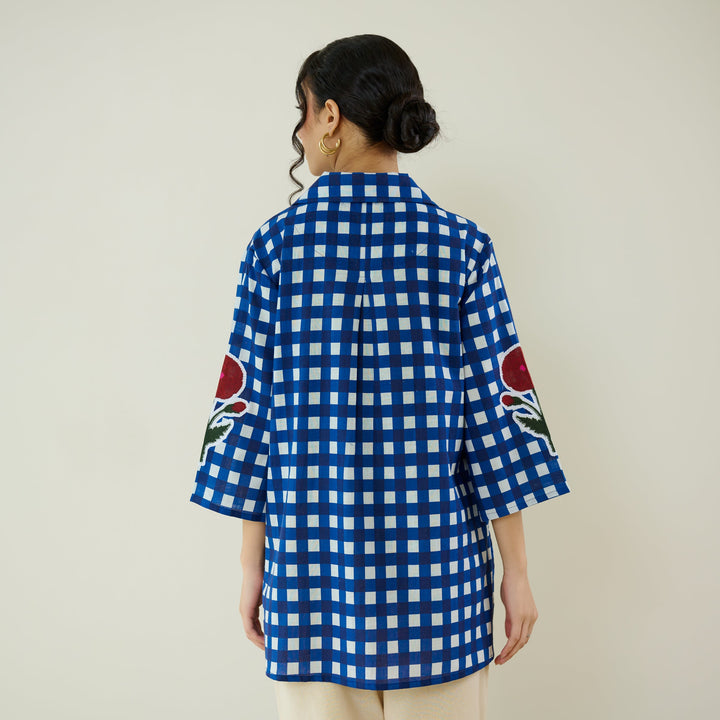 Classic-Indigo-Cotton-Checkered-Patchwork-Shirt