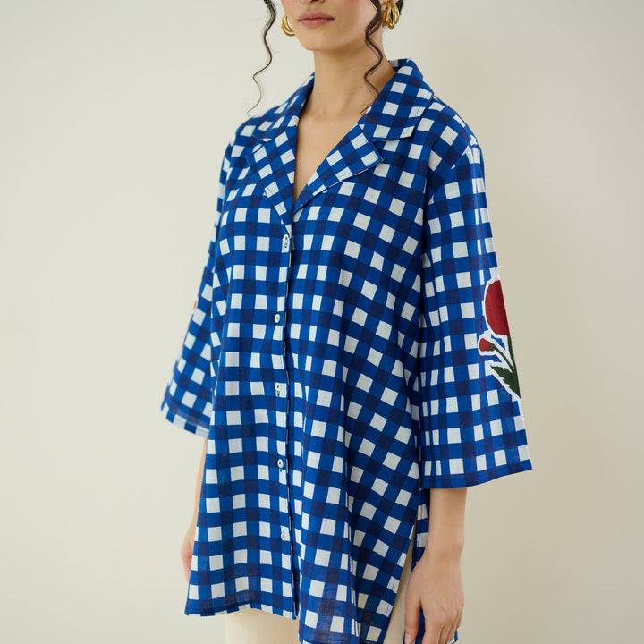 Classic-Indigo-Cotton-Checkered-Patchwork-Shirt