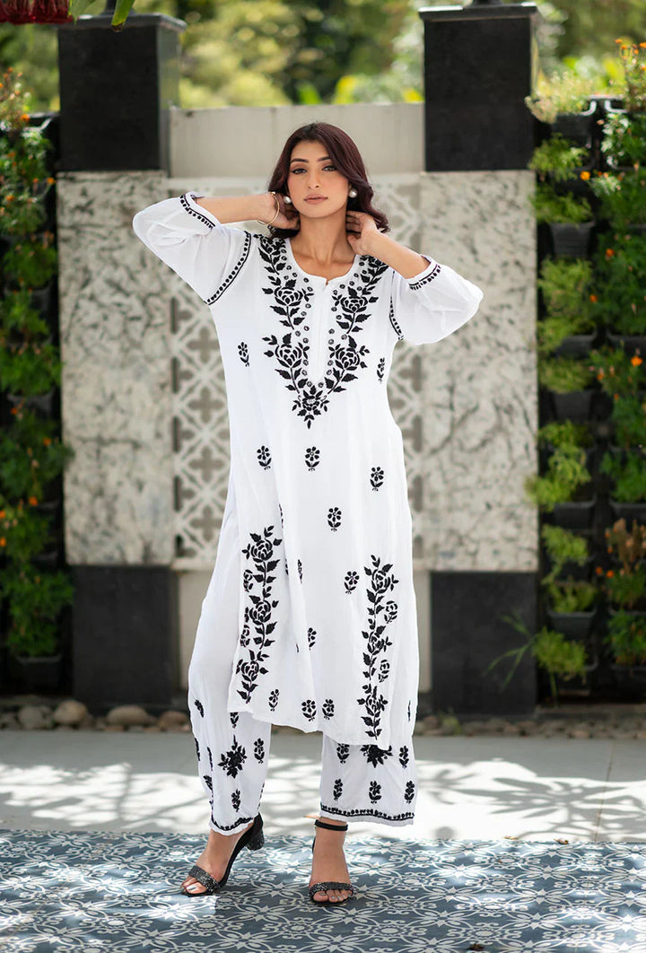 Saadgi-White-Rayon-Three-Fourth-Sleeves-2-Piece-Kurta-Set