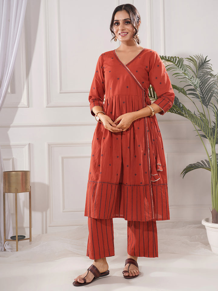 Saanjh Red Cotton Angrakha Kurta Only