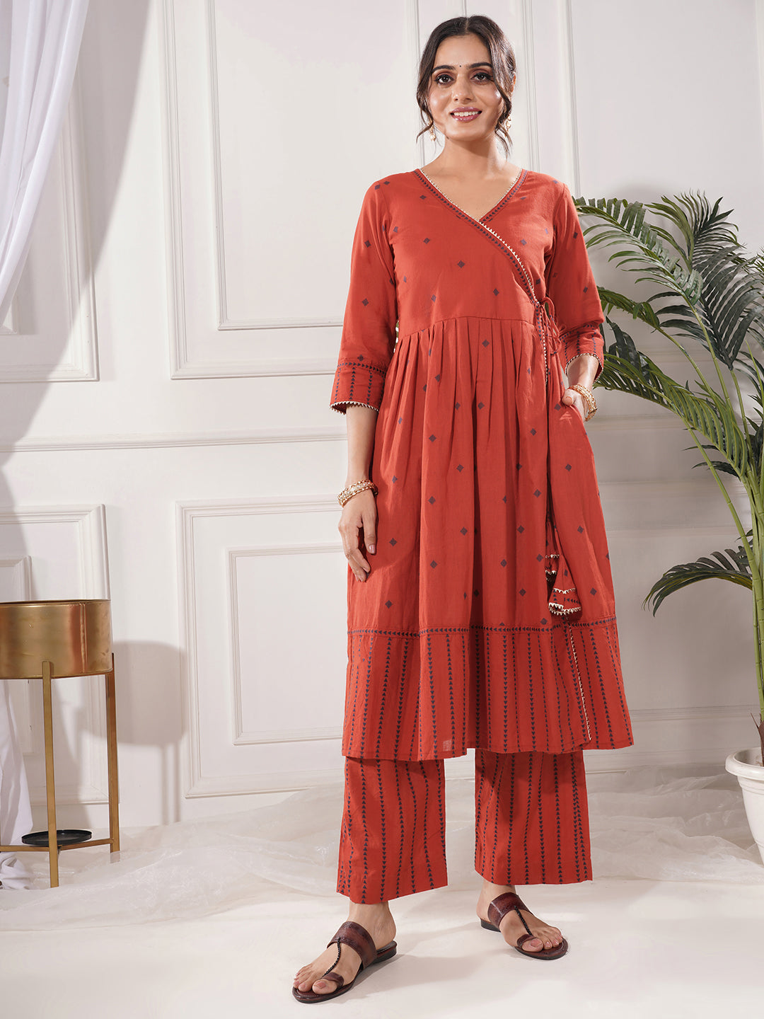 Saanjh Red Cotton Angrakha Kurta Only