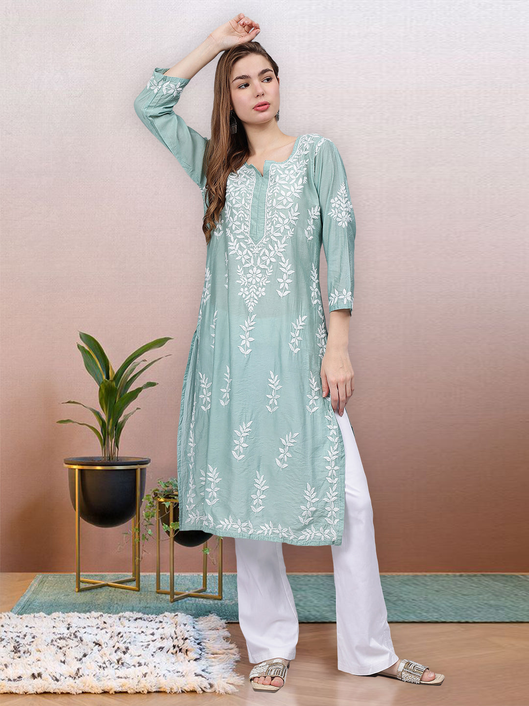 Sage-Green-Chanderi-Embroidered-Chikankari-Kurti