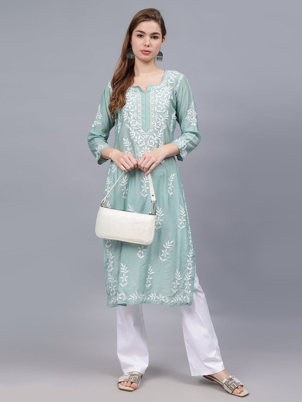 Sage-Green-Chanderi-Embroidered-Chikankari-Kurti