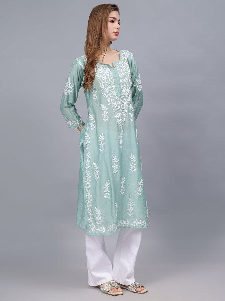 Sage-Green-Chanderi-Embroidered-Chikankari-Kurti