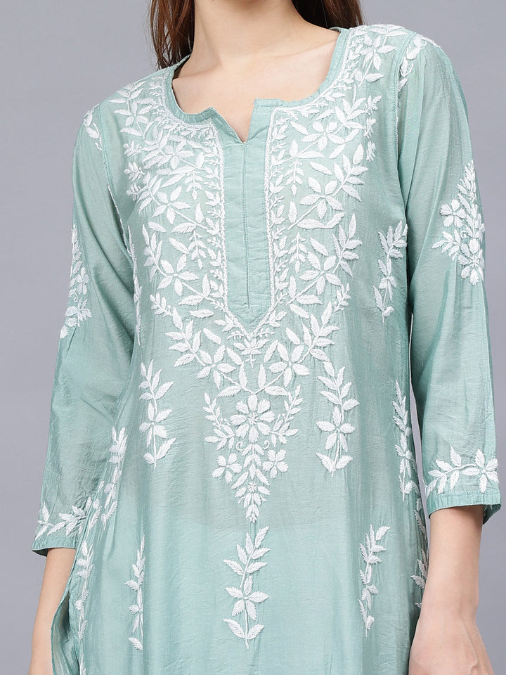 Sage-Green-Chanderi-Embroidered-Chikankari-Kurti