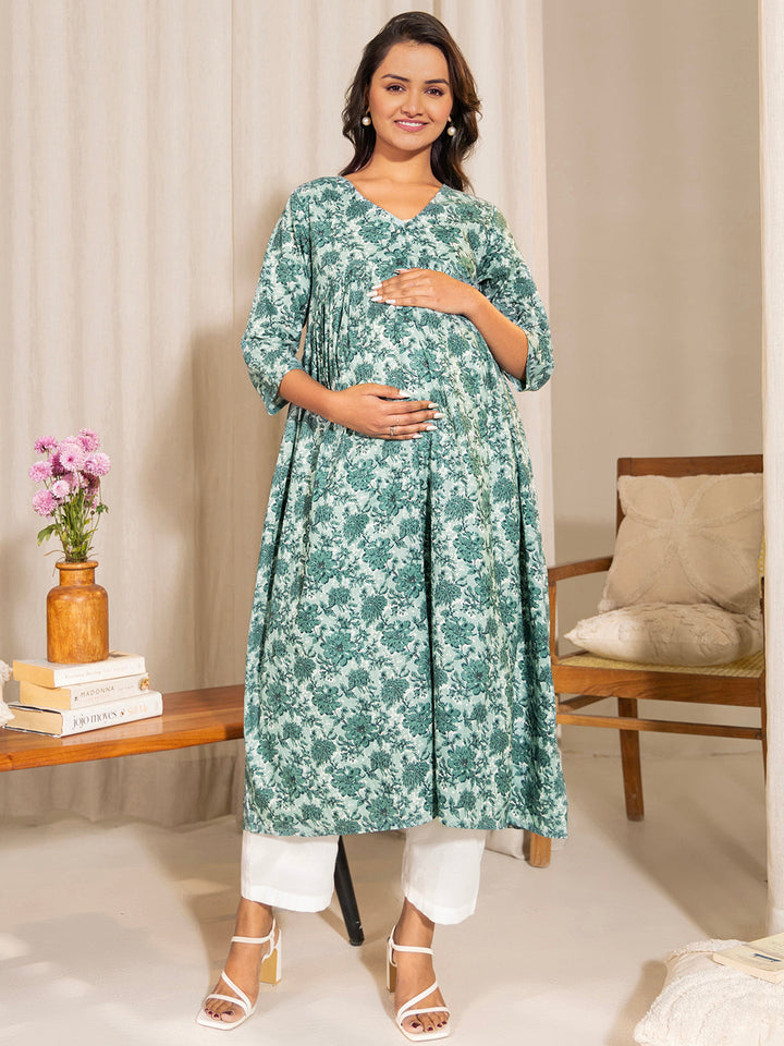 ZERESOUQ-Sage-Green-Cotton-A-Line-Maternity-Kurta