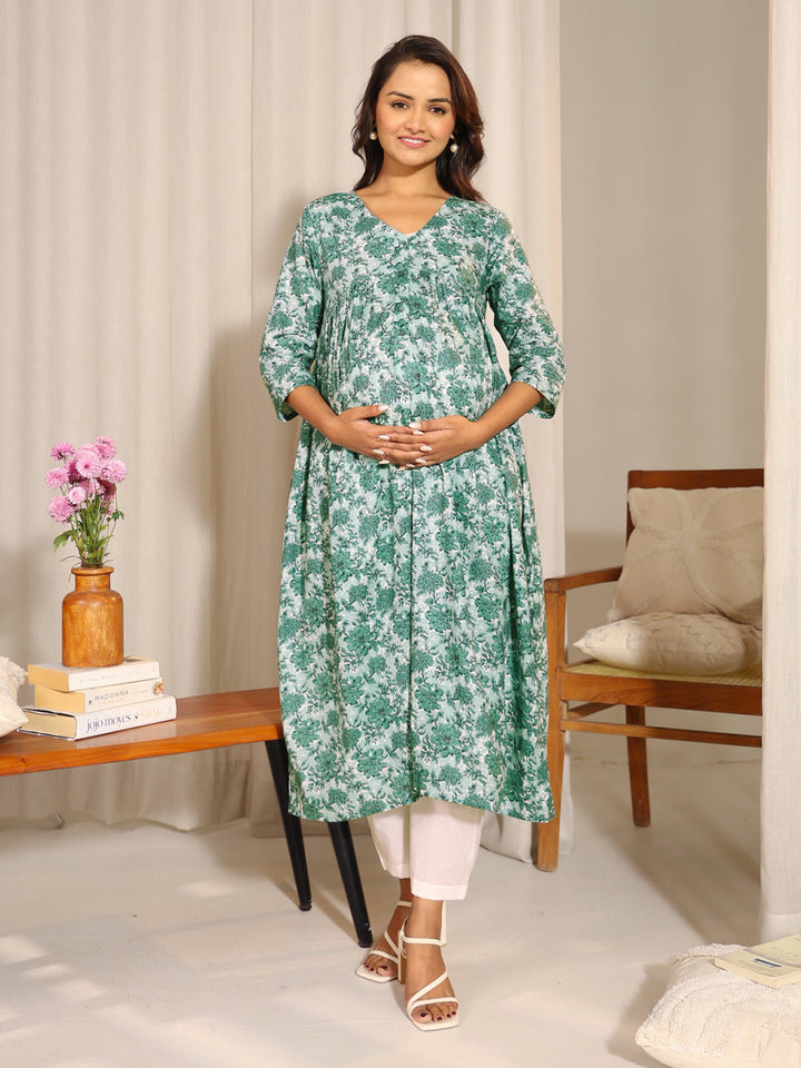 ZERESOUQ-Sage-Green-Cotton-A-Line-Maternity-Kurta