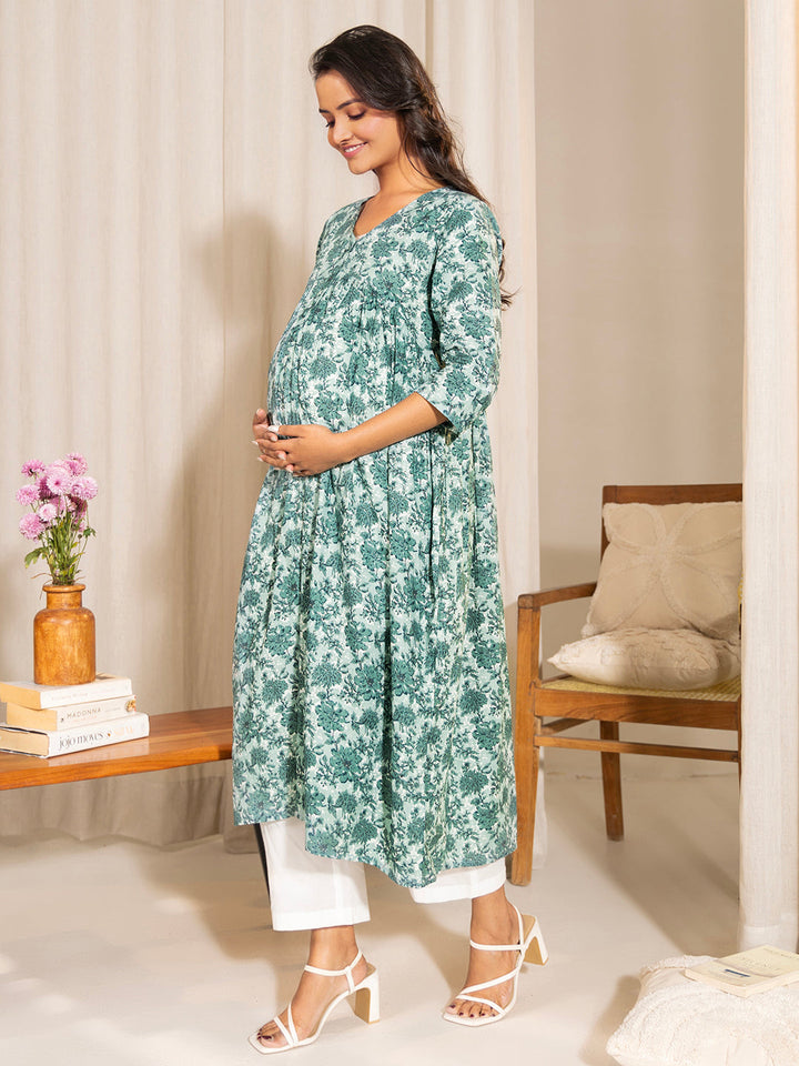 Sage-Green-Cotton-A-Line-Maternity-Kurta