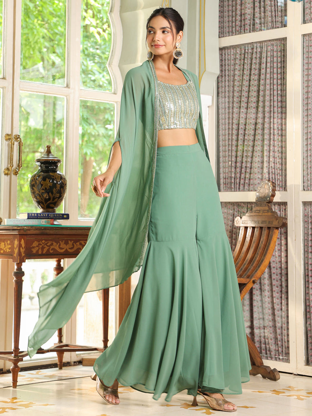 Sage-Green-Georgette-Sequined-Co-Ord-Set