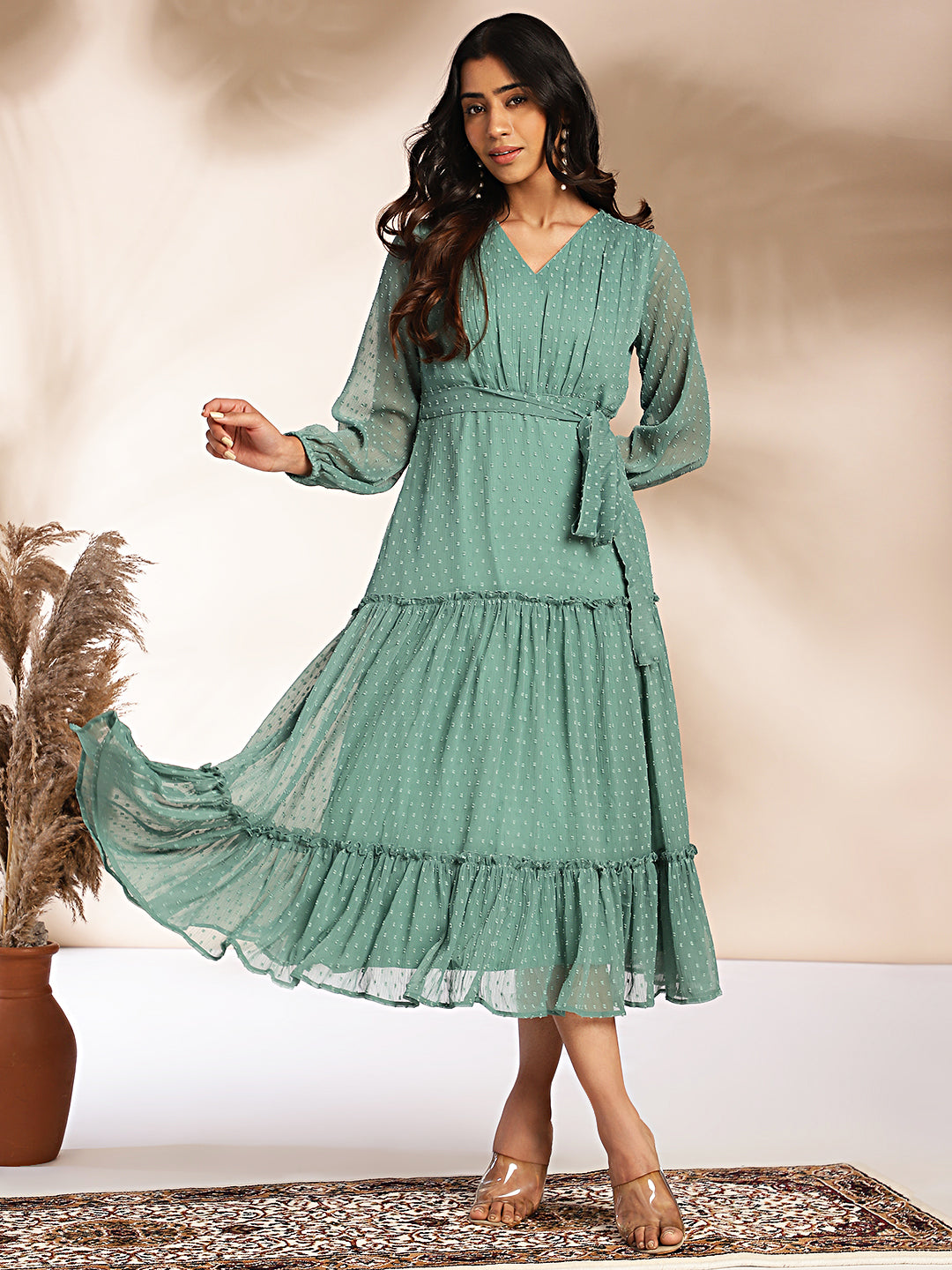 Sage-Green-Chiffon-Solid-Midi-Dress