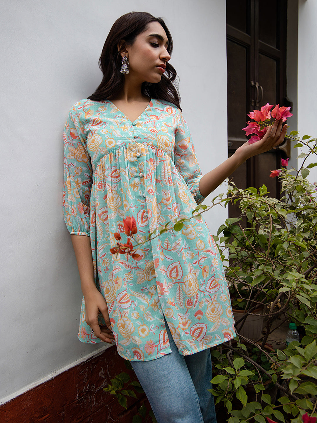 ZERESOUQ-Sea-Blue-Georgette-Floral-Printed-Tunic