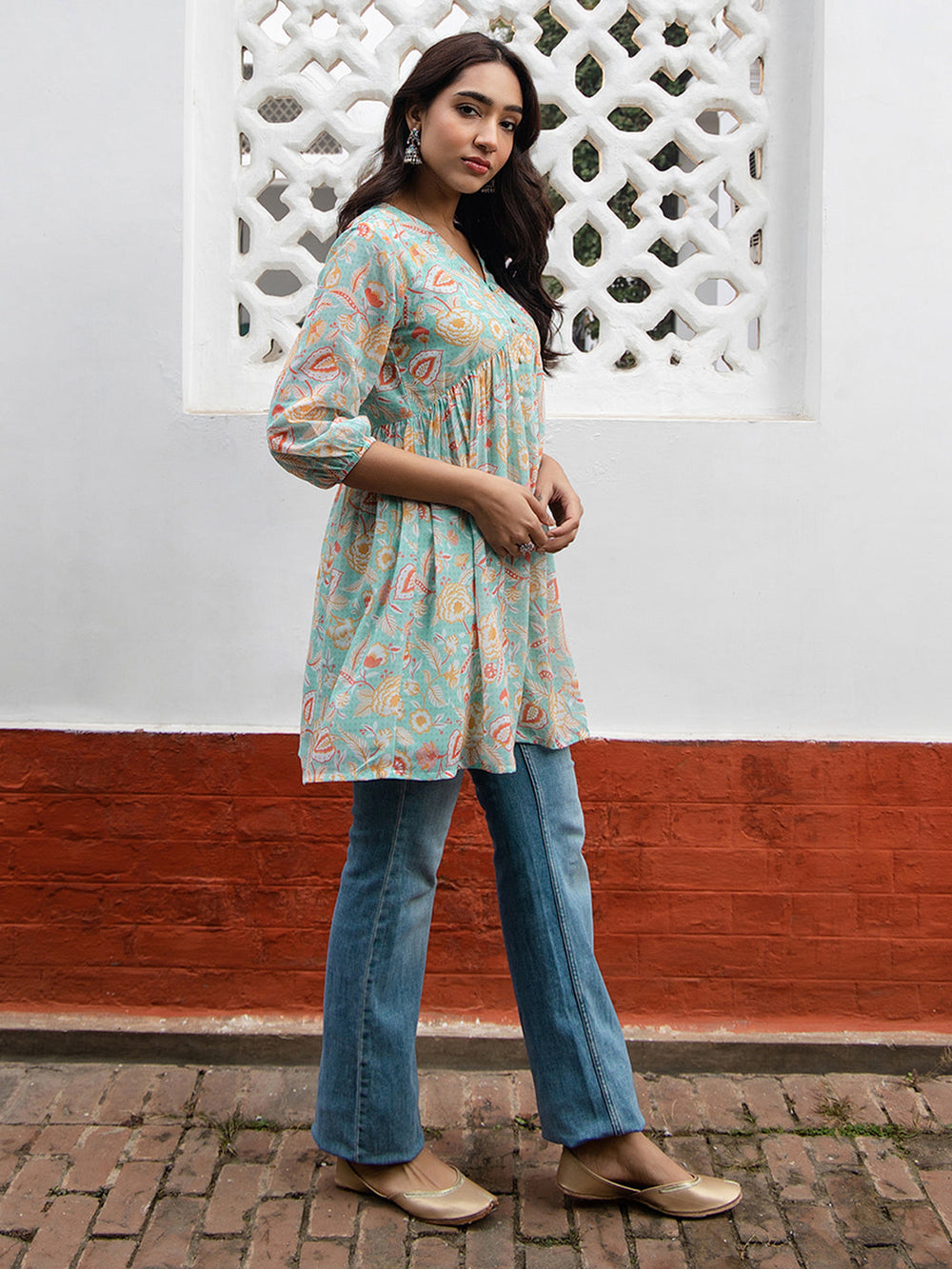 ZERESOUQ-Sea-Blue-Georgette-Floral-Printed-Tunic