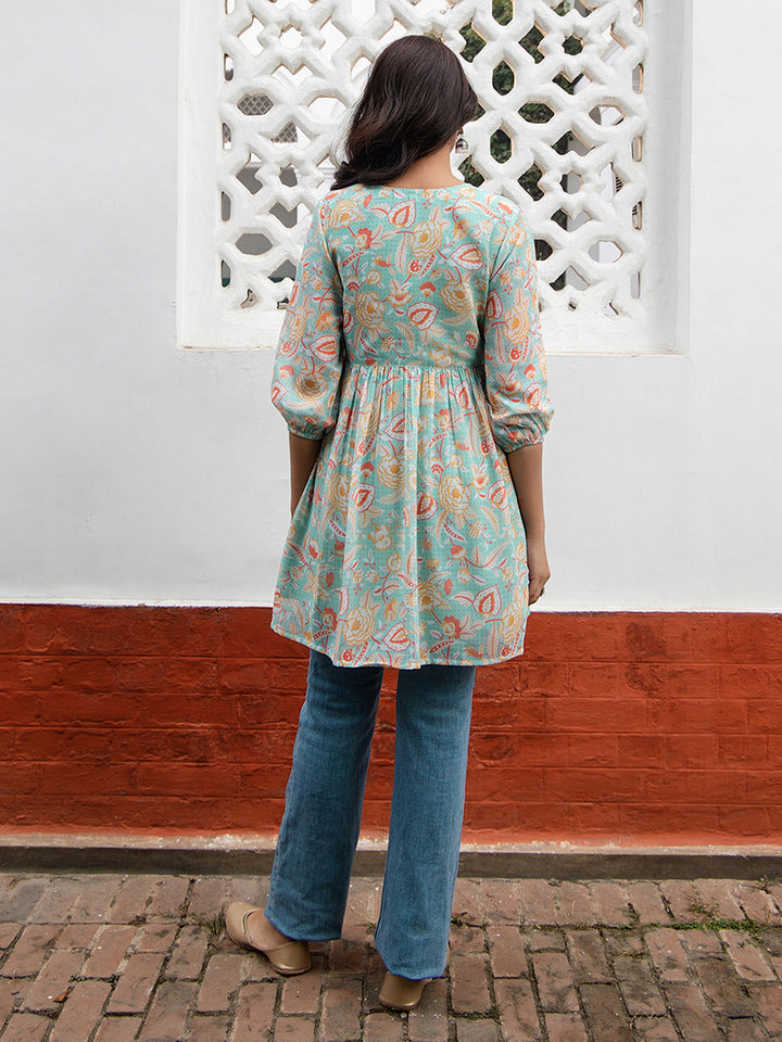 Sea-Blue-Georgette-Floral-Printed-Tunic