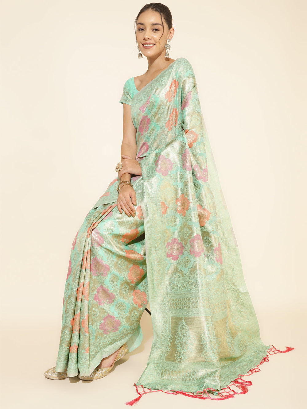 ZERESOUQ-Sea-Green-Chanderi-Silk-Ethnic-Motif-Woven-Festive-Saree
