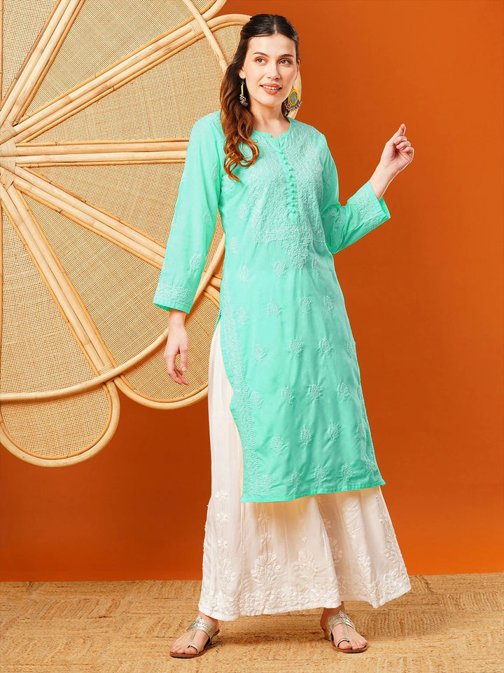 Sea-Green-Cotton-Embroidered-Chikankari-Kurta